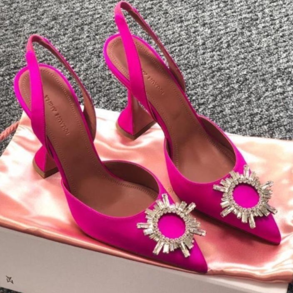 Amina Muaddi Begum pink satin slingback pumps